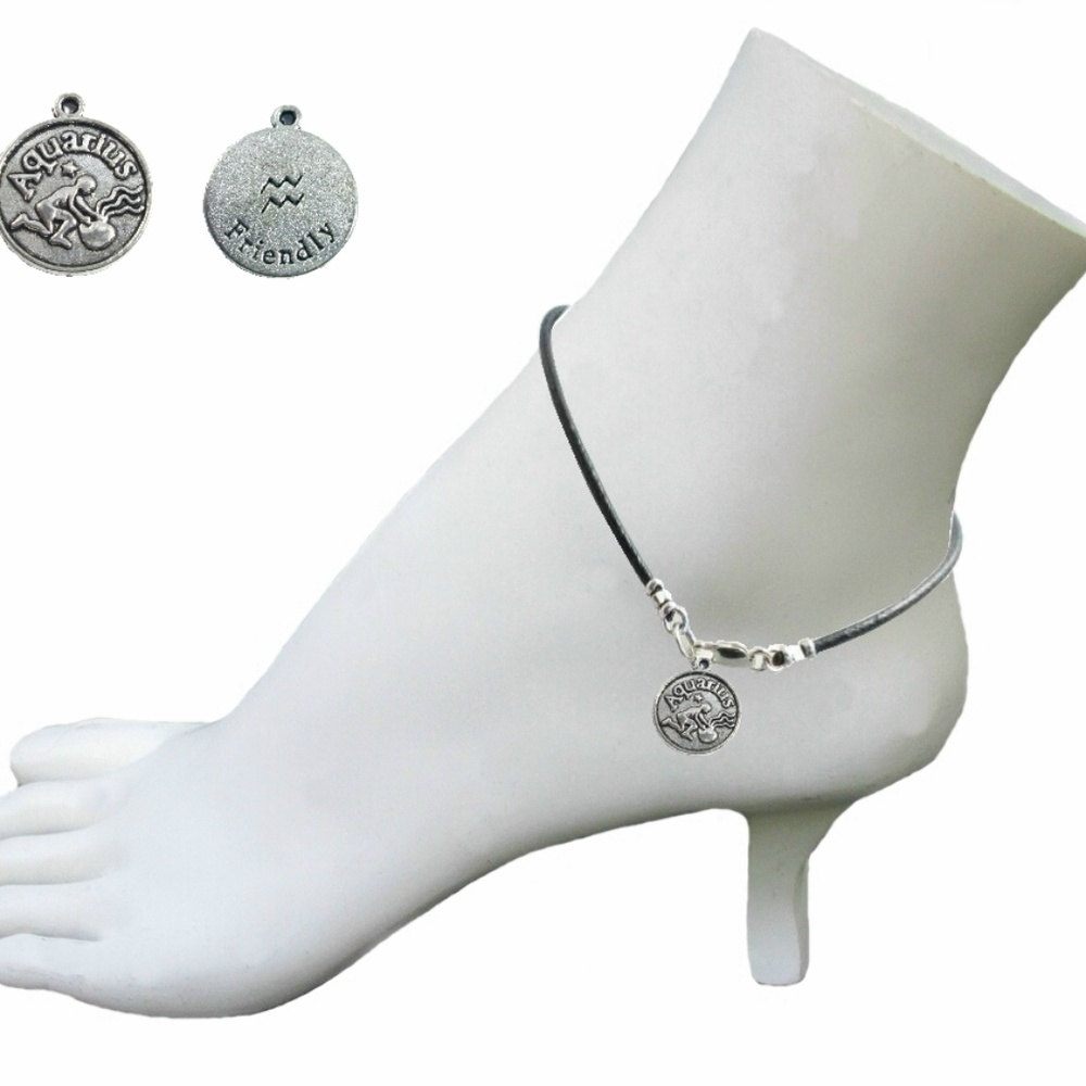 Black Leather Anklet ~ Aquarius Zodiac Charm
